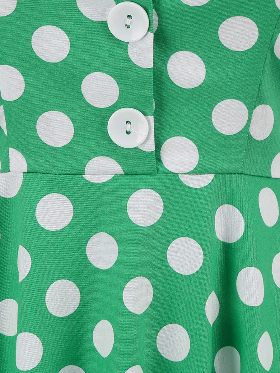 Green And White Polka Dots Pockets Vintage Halter 1950S Dress With Button