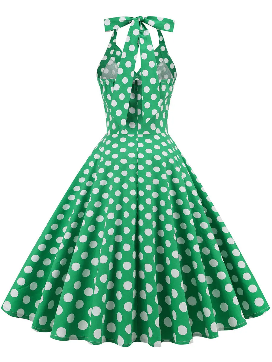 Green And White Polka Dots Pockets Vintage Halter 1950S Dress With Button