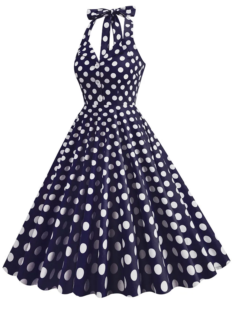 Green And White Polka Dots Pockets Vintage Halter 1950S Dress With Button