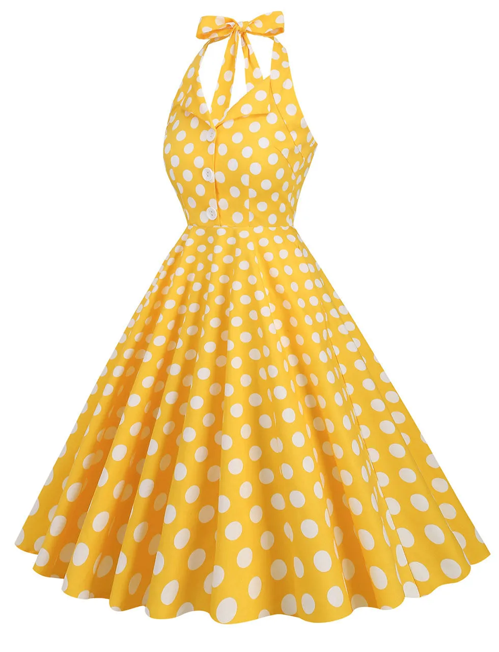 Green And White Polka Dots Pockets Vintage Halter 1950S Dress With Button