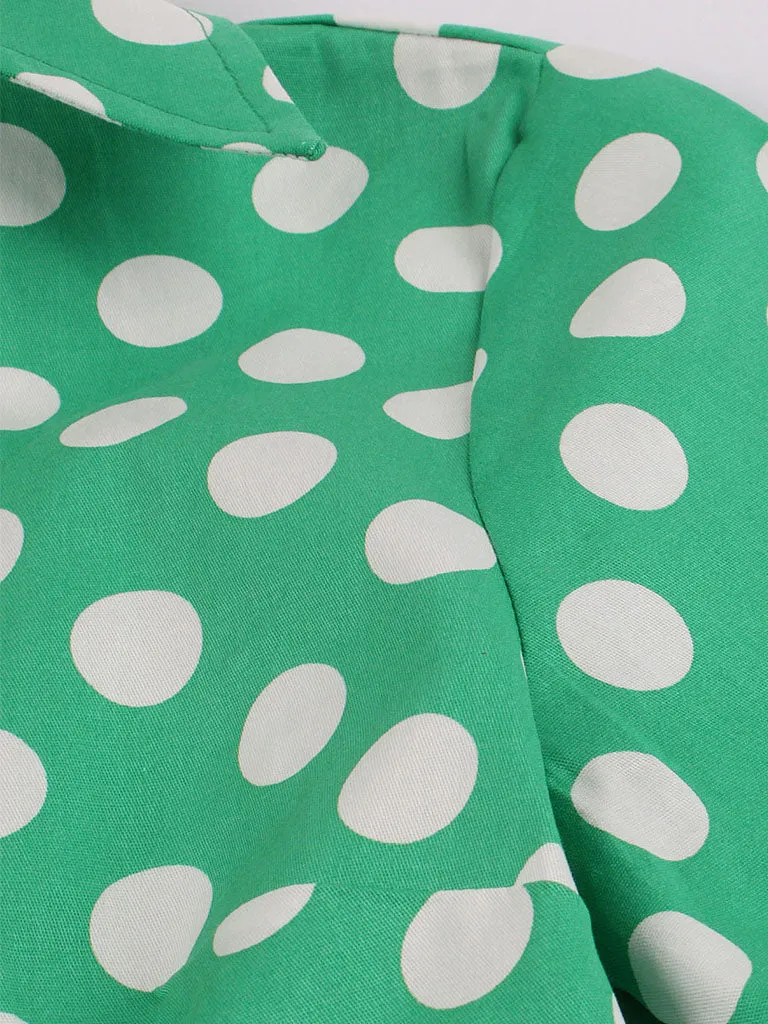 Green Elegant High Waist V Neck Short Sleeve Dots Vintage Dress