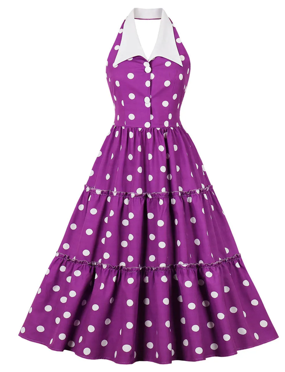 Green Polka Dots Halter Elastic Back High Waist 1950 Vintage Dress