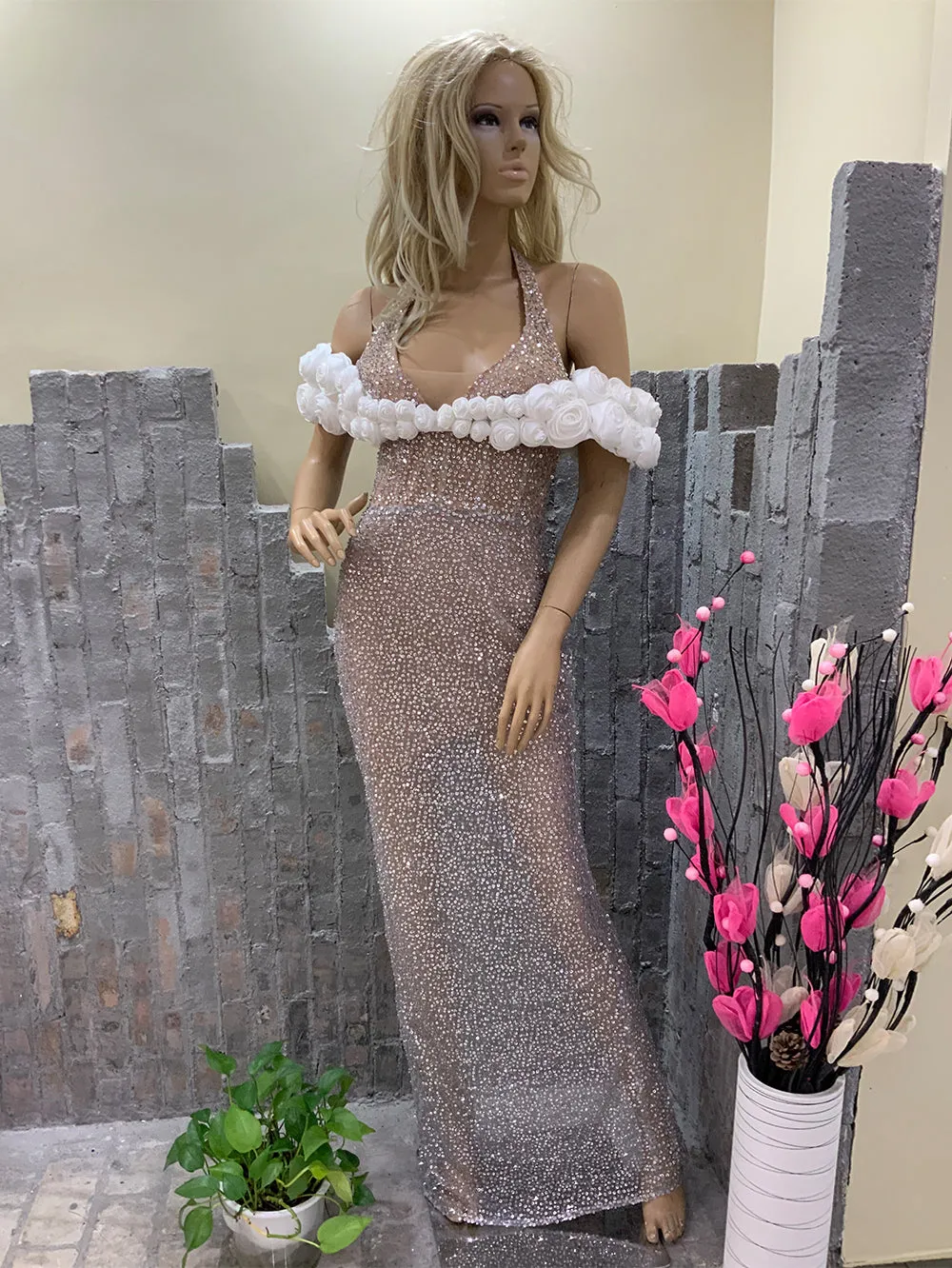 Halter Sequins Maxi Bodycon Dress HT2099