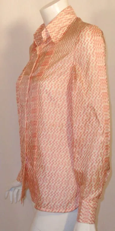 HERMES 1980s Sport Pink & Cream Silk Blouse w/ Pleat Detail