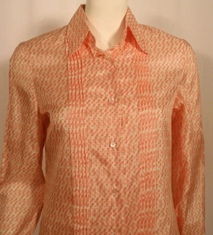 HERMES 1980s Sport Pink & Cream Silk Blouse w/ Pleat Detail