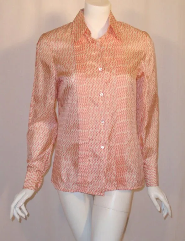 HERMES 1980s Sport Pink & Cream Silk Blouse w/ Pleat Detail