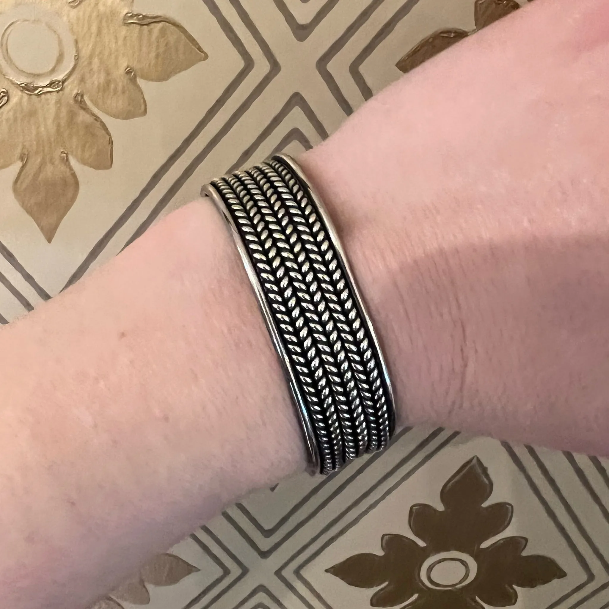 Herringbone Plait Silver Wire Cuff Bracelet
