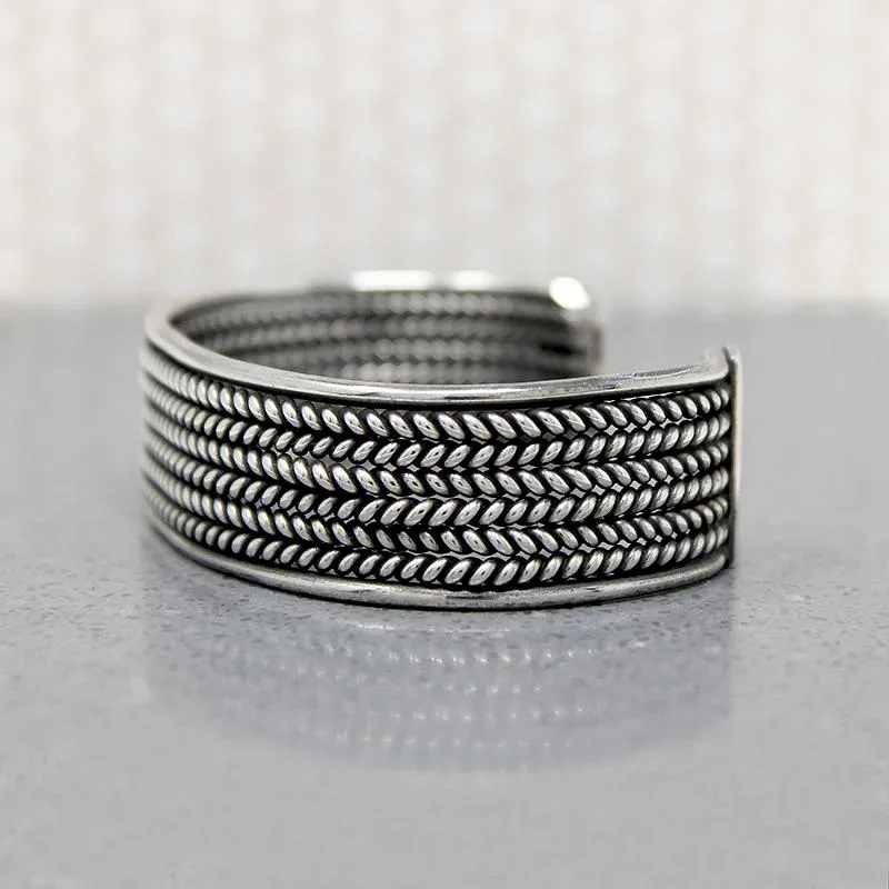 Herringbone Plait Silver Wire Cuff Bracelet