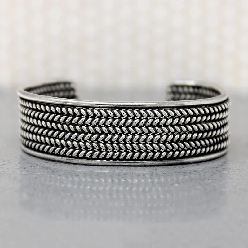 Herringbone Plait Silver Wire Cuff Bracelet
