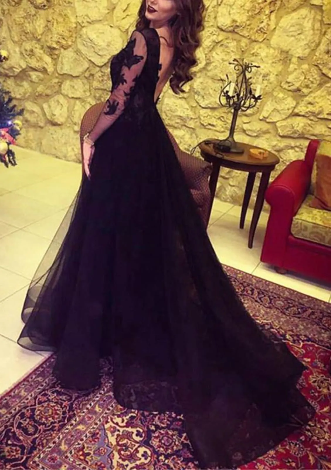 Illusion Long Sleeve V Back Black Lace Tulle Split Prom Dress
