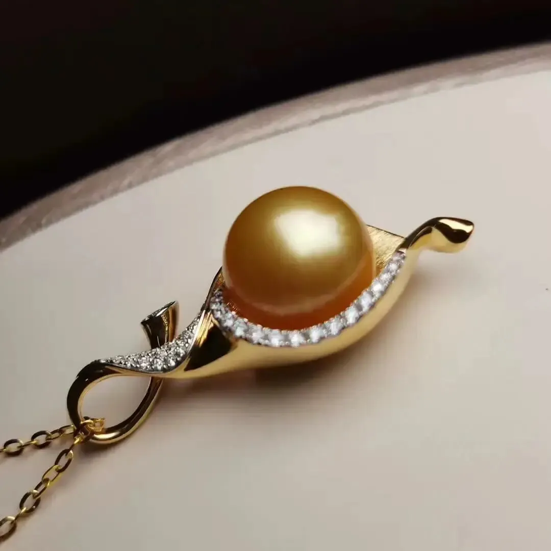 Isabella 13.0-14.0 mm Golden South Sea Pearl & Diamond Stud Pendant/Earrings in Gold