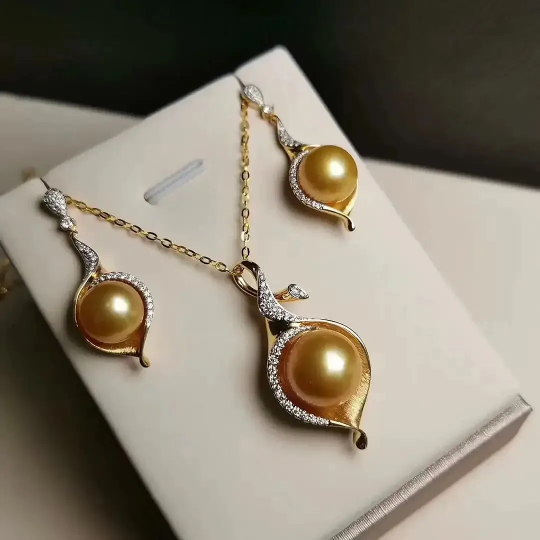Isabella 13.0-14.0 mm Golden South Sea Pearl & Diamond Stud Pendant/Earrings in Gold