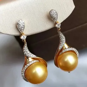 Isabella 13.0-14.0 mm Golden South Sea Pearl & Diamond Stud Pendant/Earrings in Gold