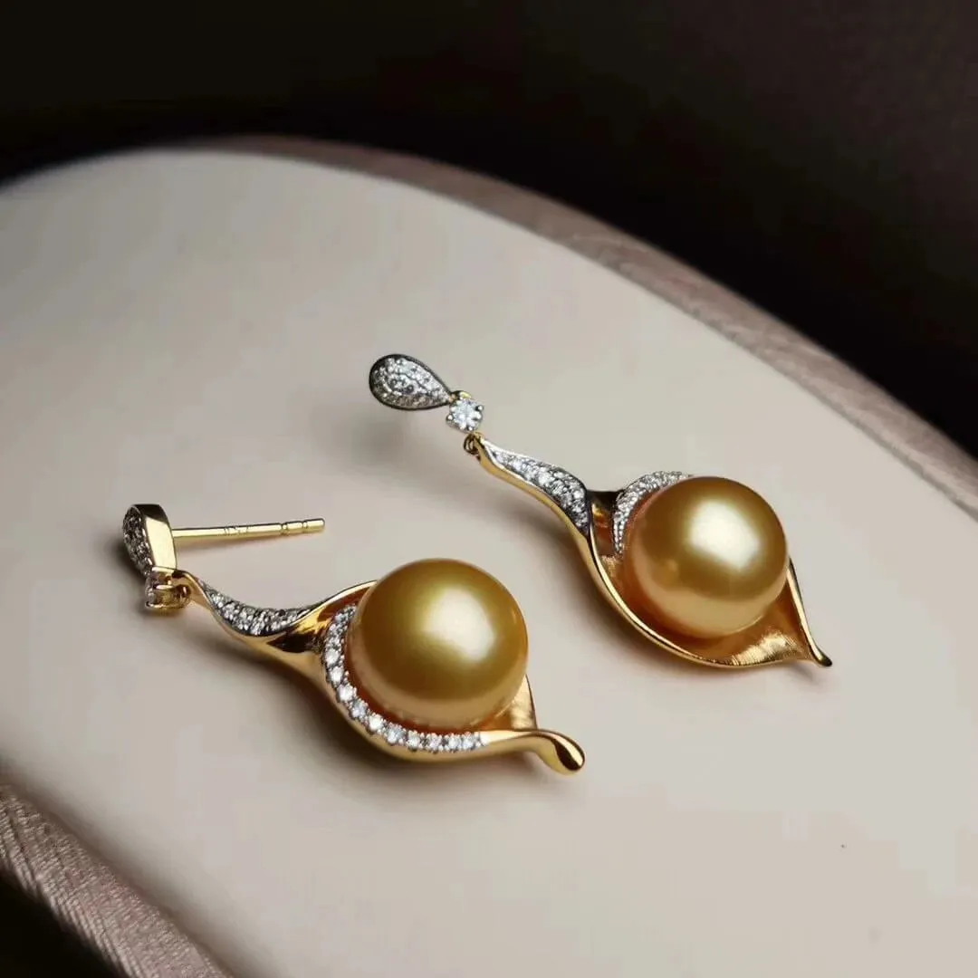 Isabella 13.0-14.0 mm Golden South Sea Pearl & Diamond Stud Pendant/Earrings in Gold