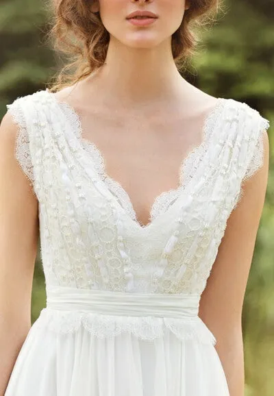 Ivory Chiffon Lace V-neck Floor-length Wedding Dress, Cheap Bridal Gown, MW659