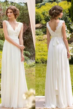 Ivory Chiffon Lace V-neck Floor-length Wedding Dress, Cheap Bridal Gown, MW659