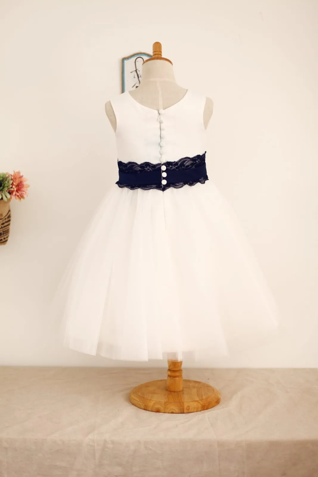 Ivory Satin Tulle Flower Girl Dress, Navy Blue Lace Sash