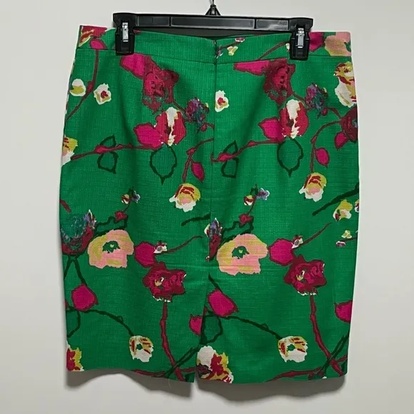 J. Crew Bold Colorful, Green Floral Cotton Basketweave chic Pencil skirt Office