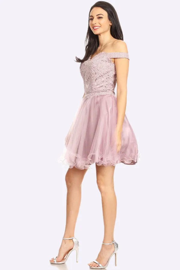 J&J Fashion 3074 Short Off the Shoulder Dress Lace Bodice Organza Skirt Corset