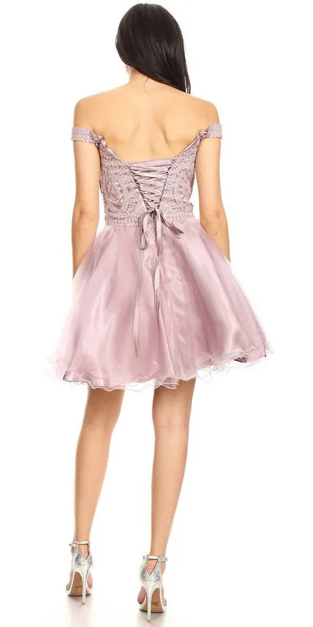 J&J Fashion 3074 Short Off the Shoulder Dress Lace Bodice Organza Skirt Corset