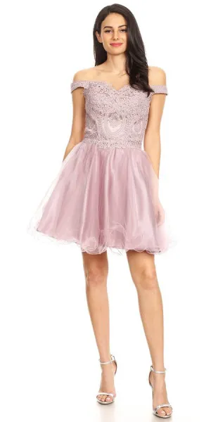 J&J Fashion 3074 Short Off the Shoulder Dress Lace Bodice Organza Skirt Corset