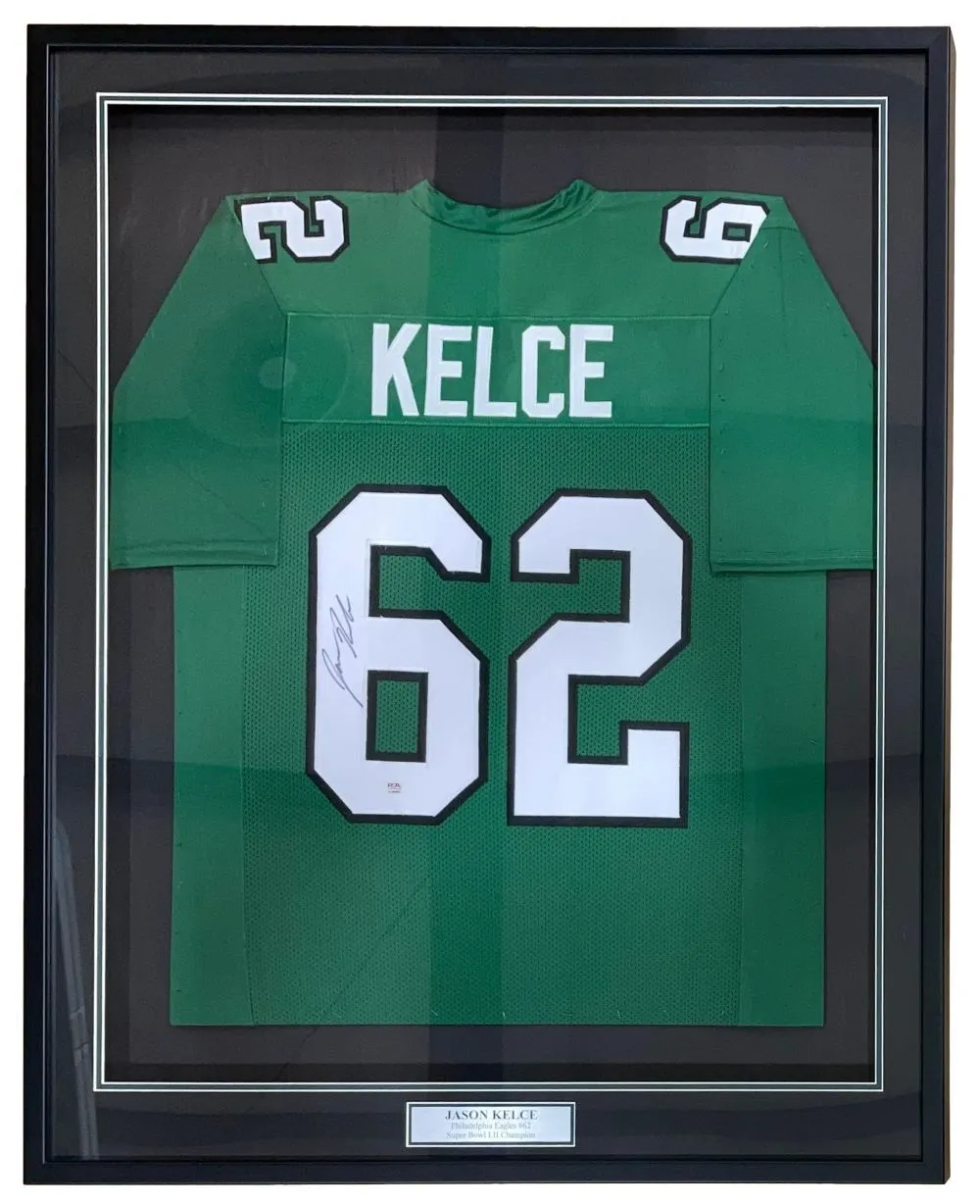 Jason Kelce Philadelphia Signed Framed Kelly Green Football Jersey PSA ITP Holo