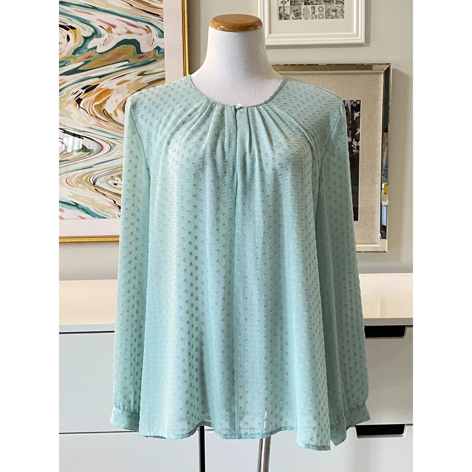J.Crew Mint Green Pin Dot Smocked Neck Blouse