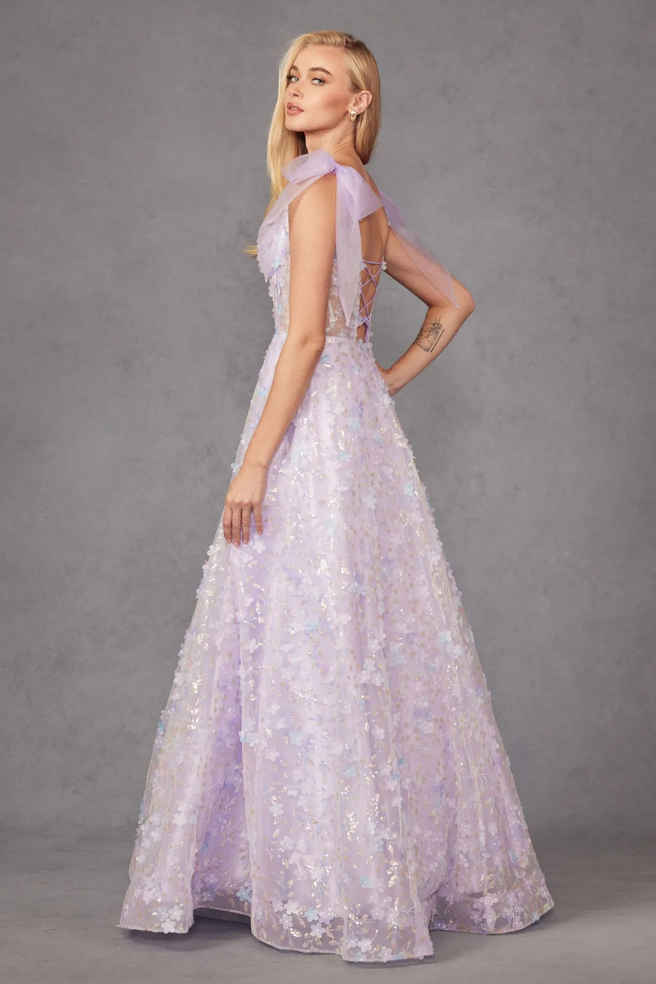 Juliet JT2439K Long 3D Floral Glitter Print Sleeveless A-line Gown
