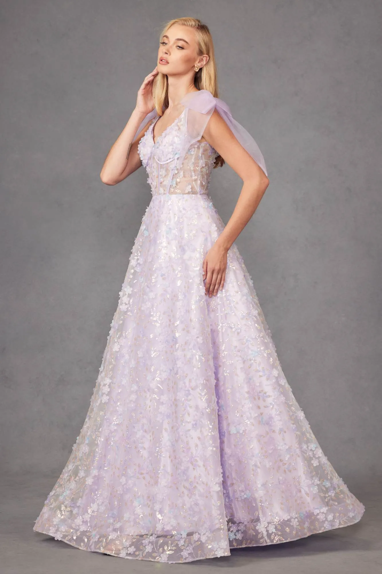 Juliet JT2439K Long 3D Floral Glitter Print Sleeveless A-line Gown