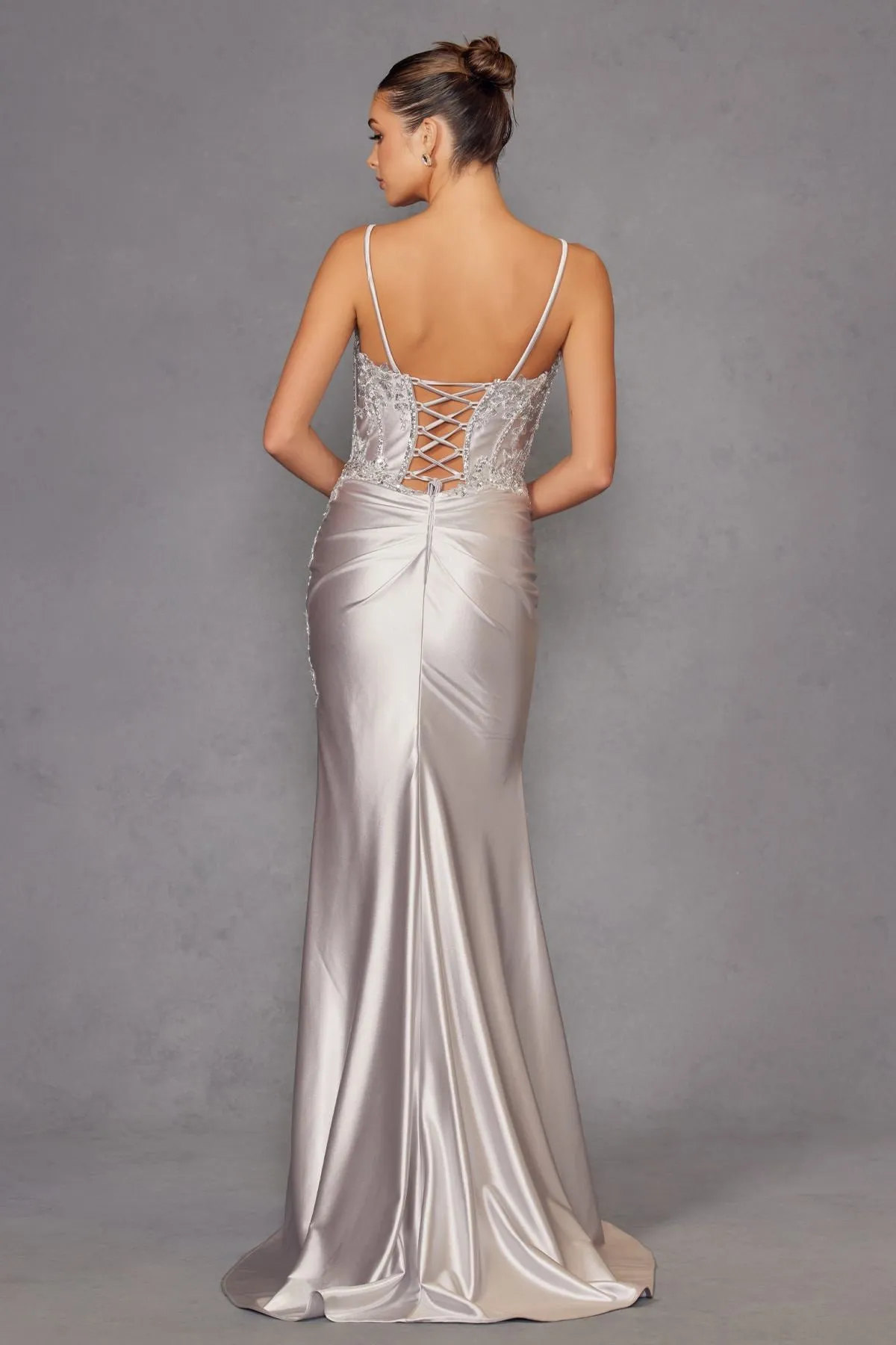 Juliet JT2536K Strapless Sweetheart Corset Back Fitted Satin Prom Gown