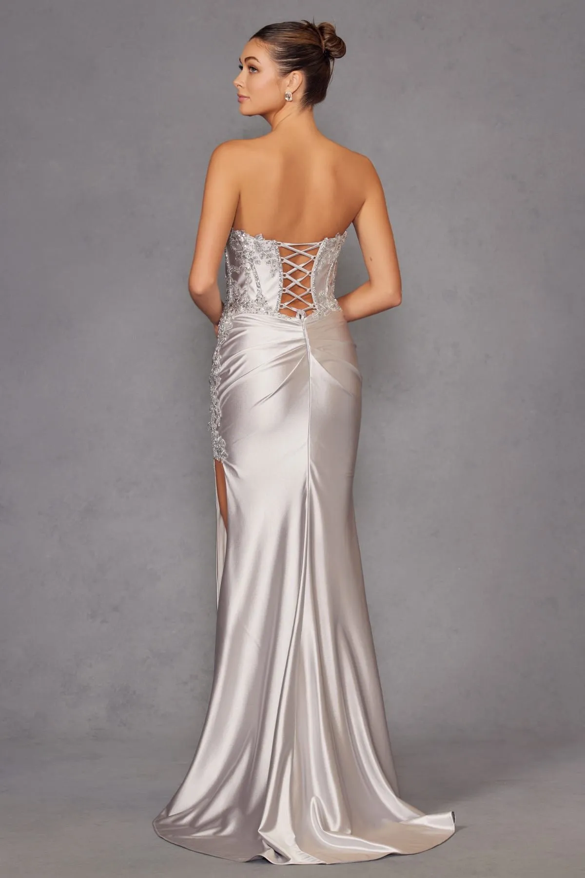 Juliet JT2536K Strapless Sweetheart Corset Back Fitted Satin Prom Gown