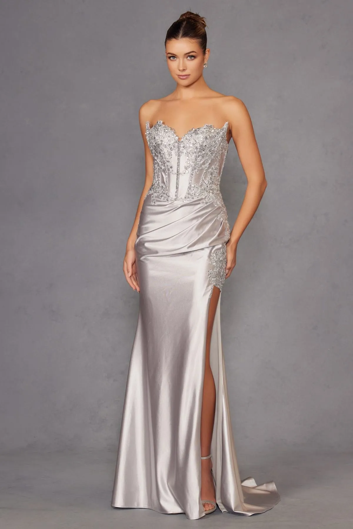 Juliet JT2536K Strapless Sweetheart Corset Back Fitted Satin Prom Gown
