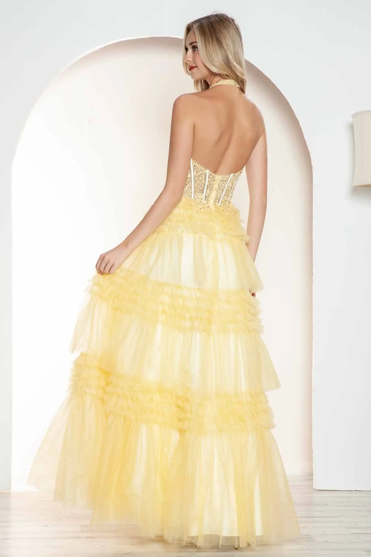 Juliet JT2556S Halter V-Neckline Layered Tulle Slit A-Line Gown