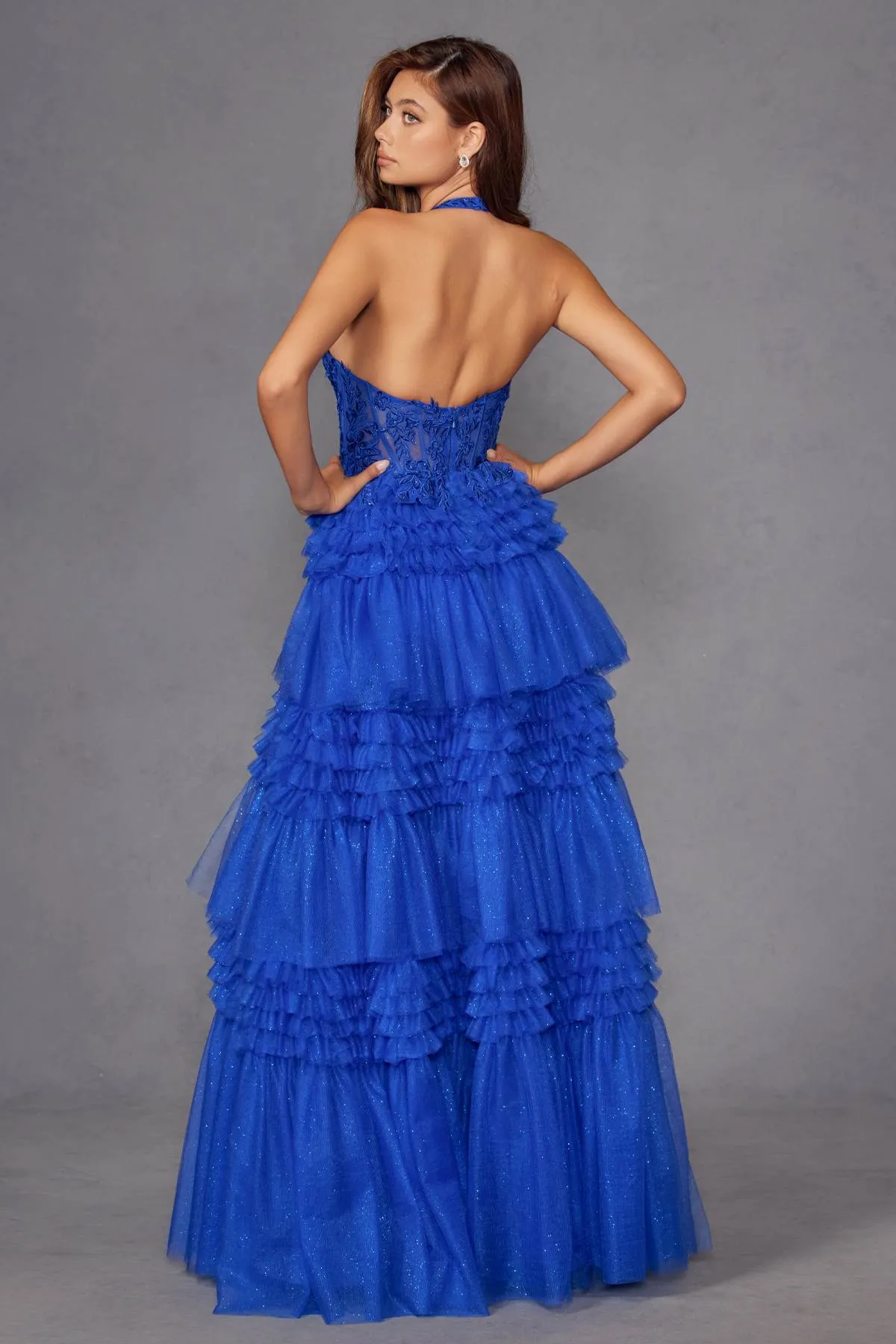 Juliet JT2556S Halter V-Neckline Layered Tulle Slit A-Line Gown