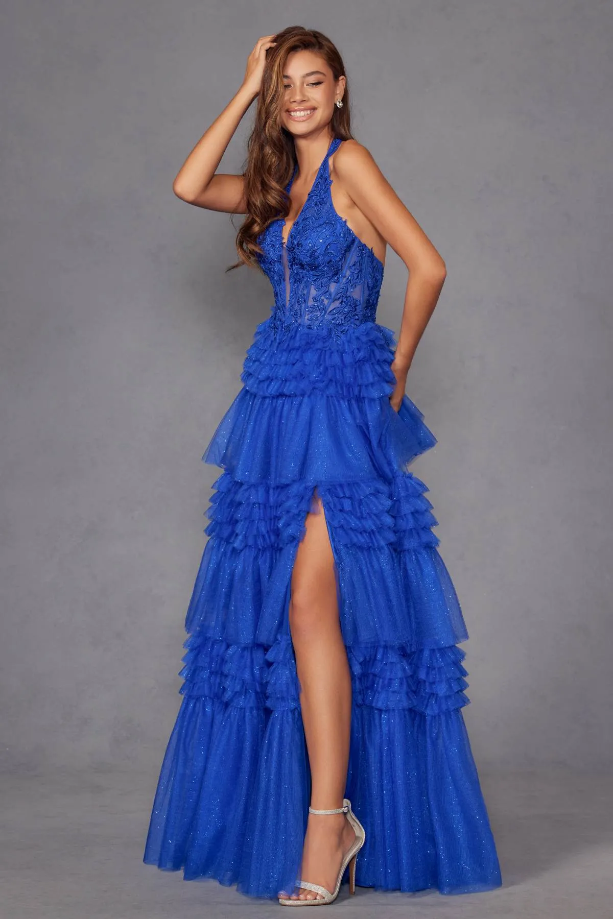 Juliet JT2556S Halter V-Neckline Layered Tulle Slit A-Line Gown