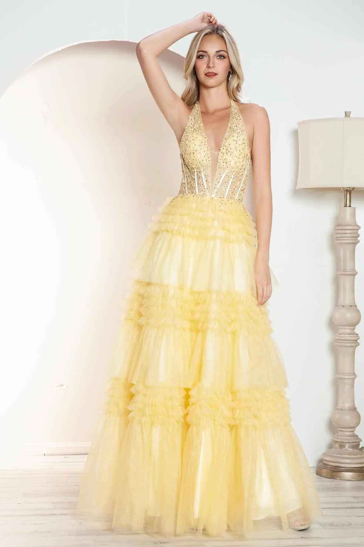 Juliet JT2556S Halter V-Neckline Layered Tulle Slit A-Line Gown