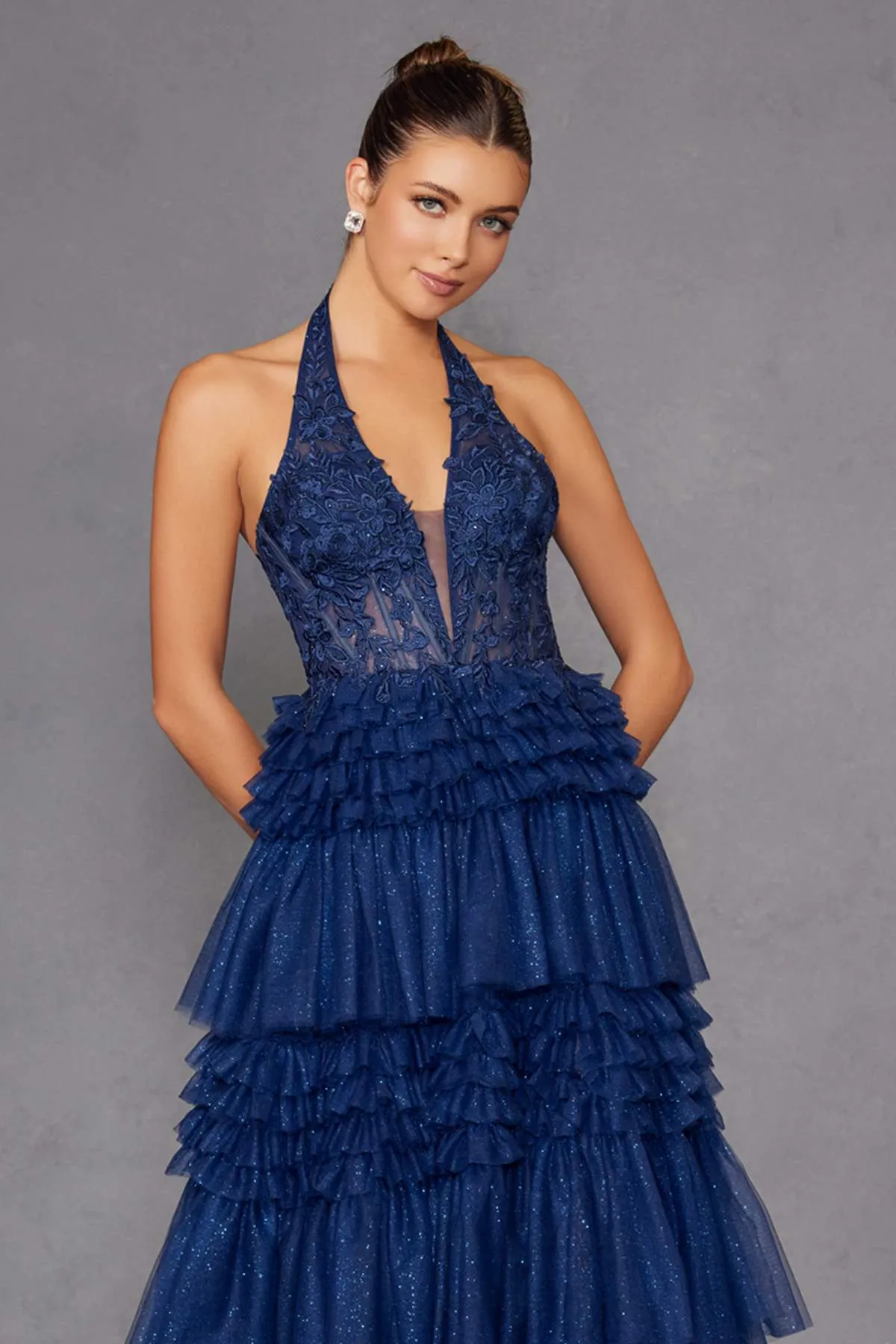 Juliet JT2556S Halter V-Neckline Layered Tulle Slit A-Line Gown