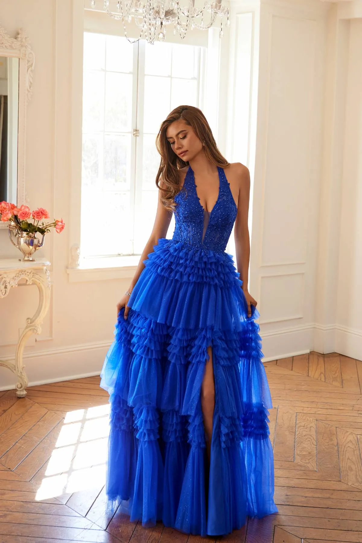 Juliet JT2556S Halter V-Neckline Layered Tulle Slit A-Line Gown