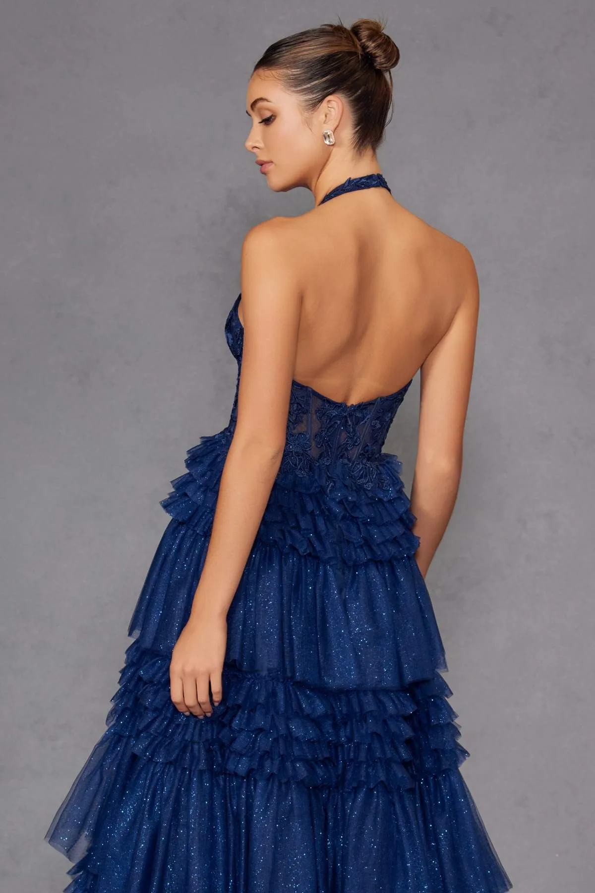 Juliet JT2556S Halter V-Neckline Layered Tulle Slit A-Line Gown