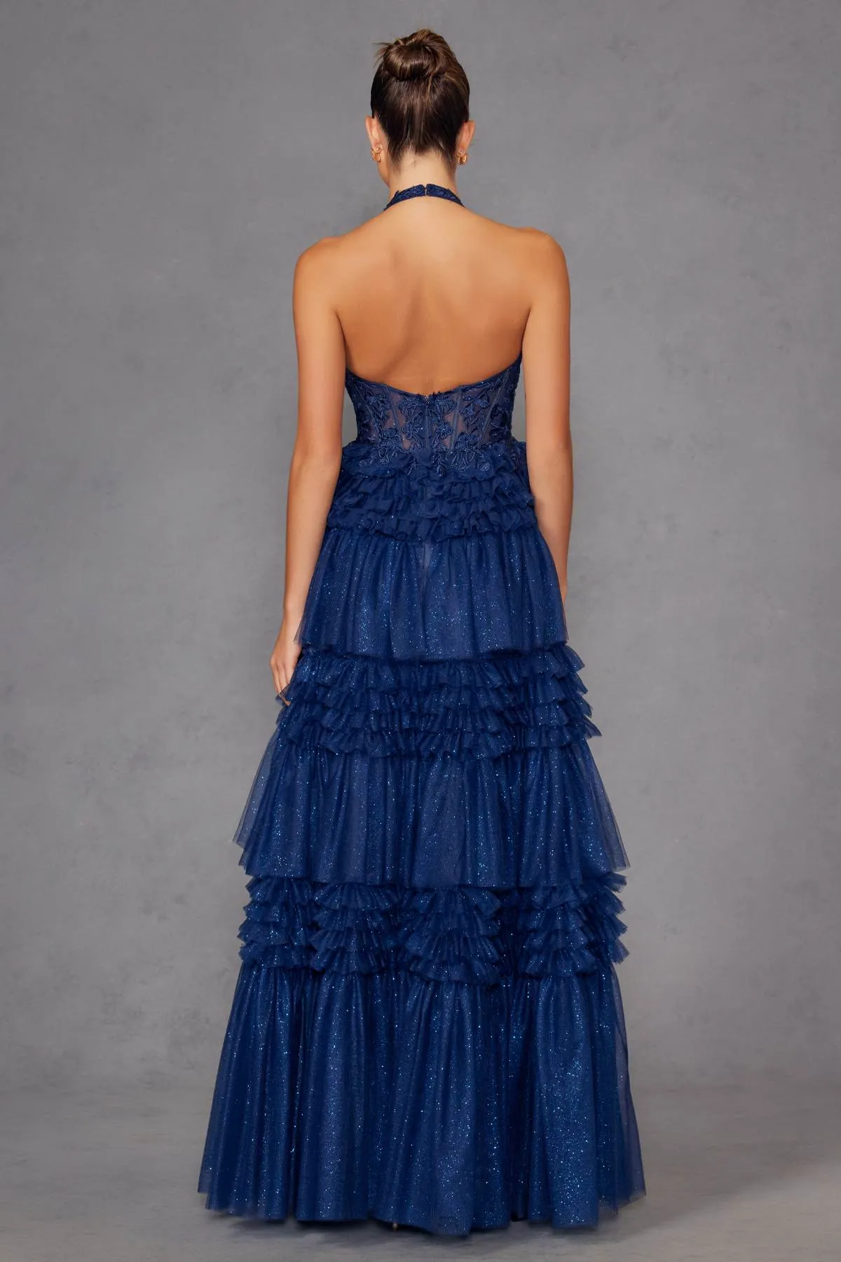 Juliet JT2556S Halter V-Neckline Layered Tulle Slit A-Line Gown