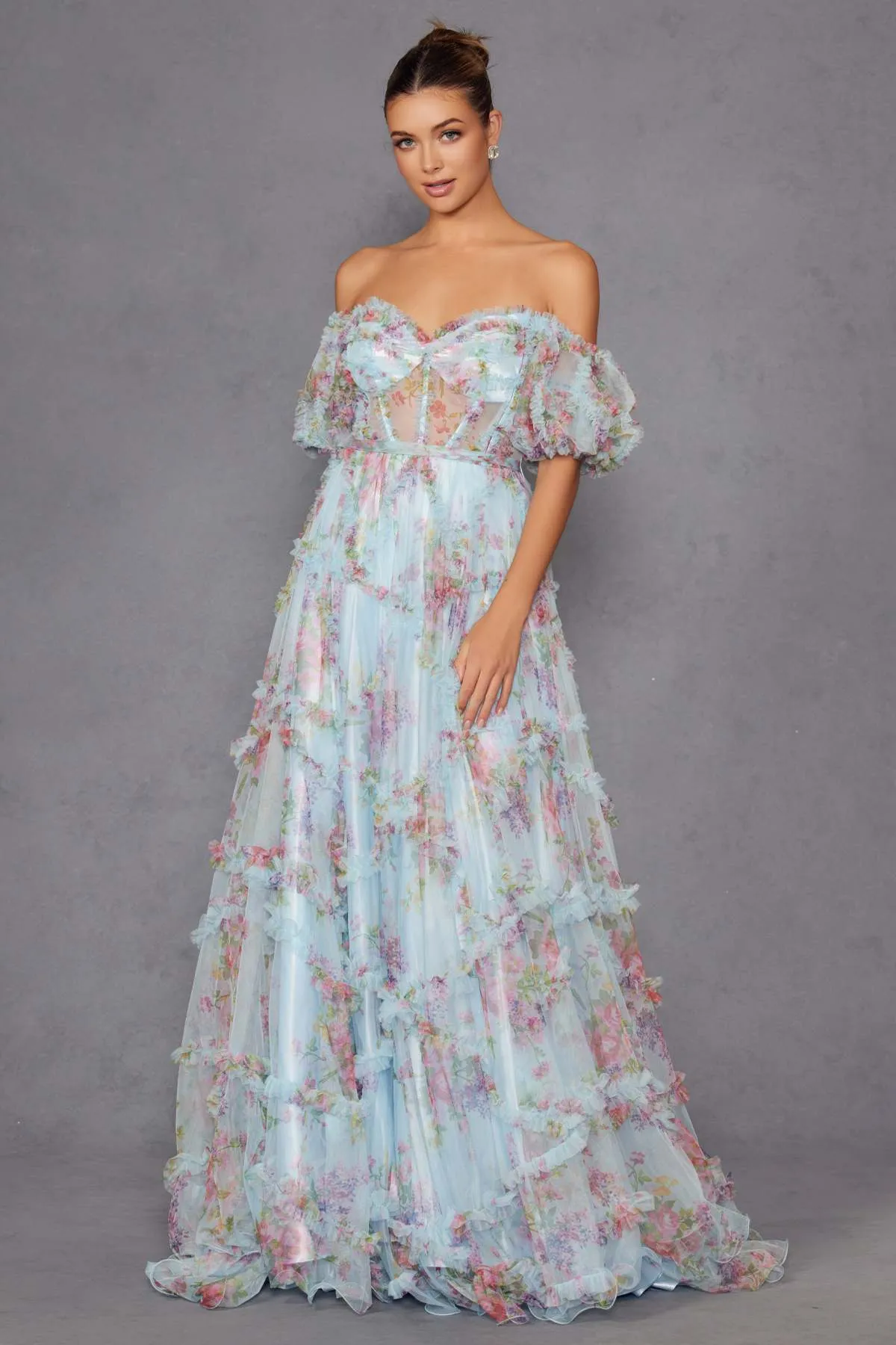 Juliet JT2887C Whimsy Sweetheart Off Shoulder Ruffled A-Line Print Gown