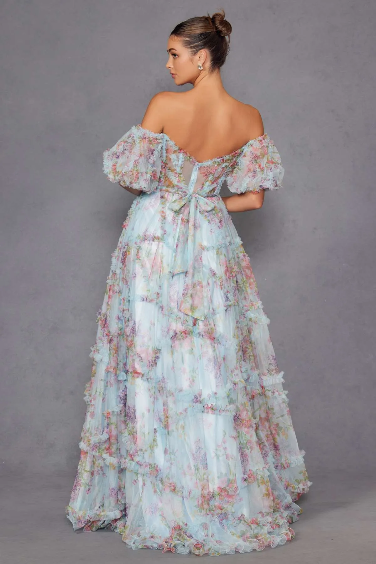 Juliet JT2887C Whimsy Sweetheart Off Shoulder Ruffled A-Line Print Gown