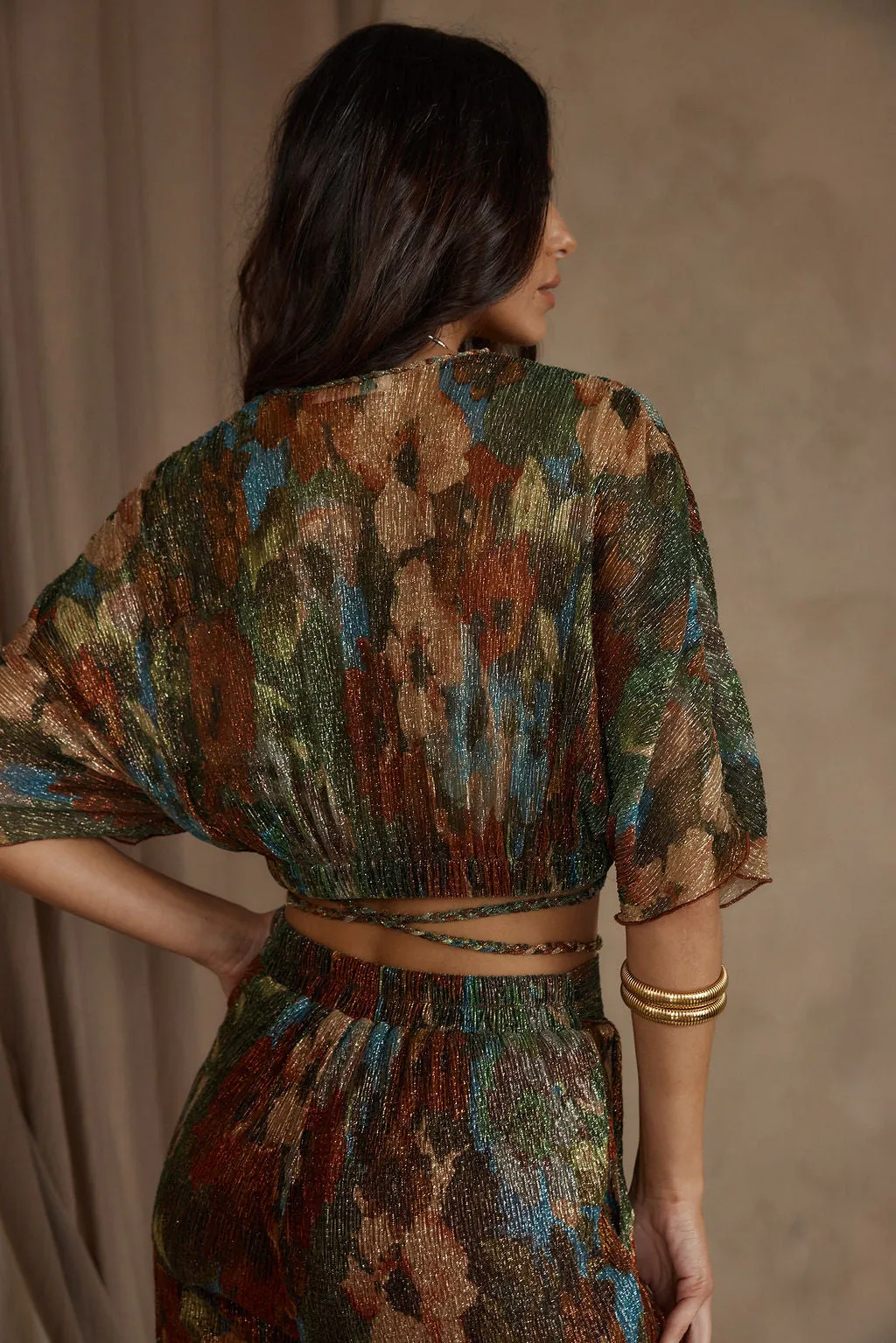 Kaia Multicolor Metallic Floral Crop Top