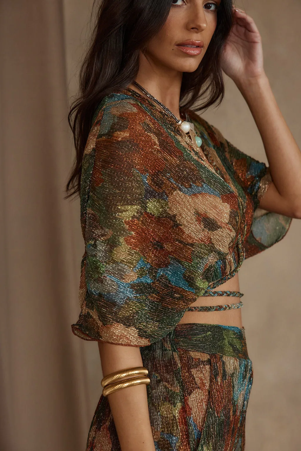 Kaia Multicolor Metallic Floral Crop Top