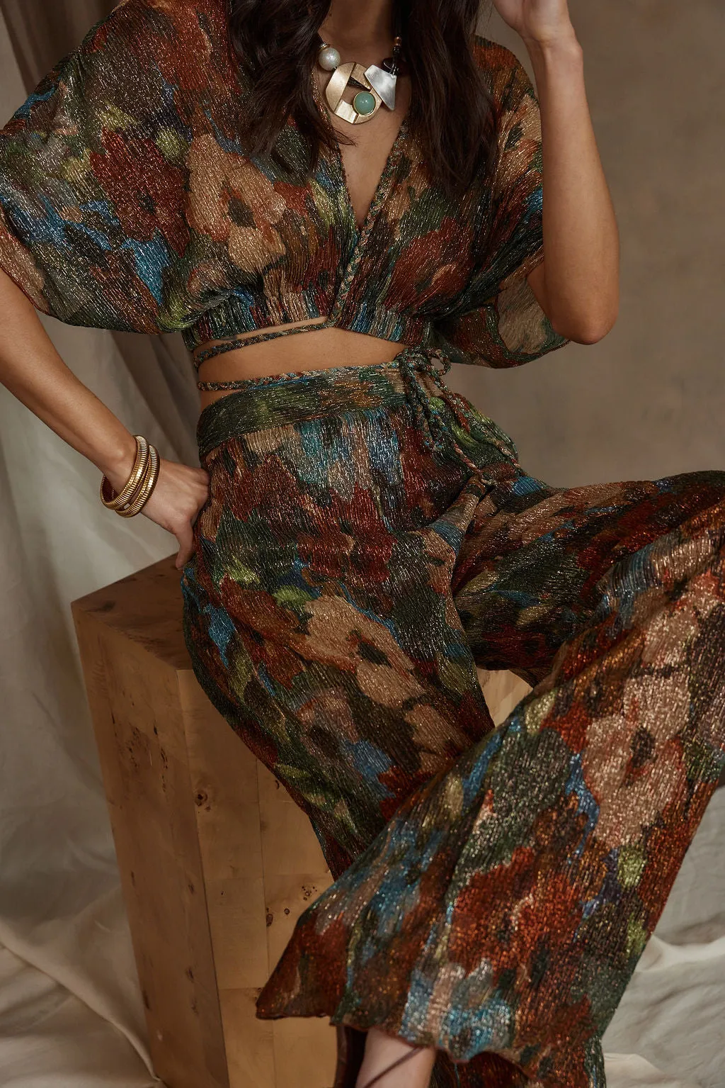 Kaia Multicolor Metallic Floral Crop Top