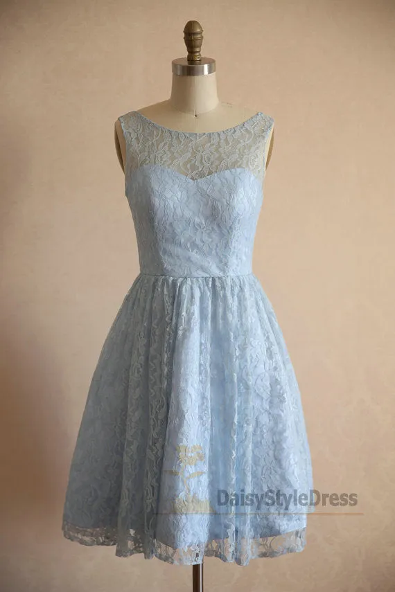 Knee Length Light Blue Vintage Lace Bridesmaid Dress