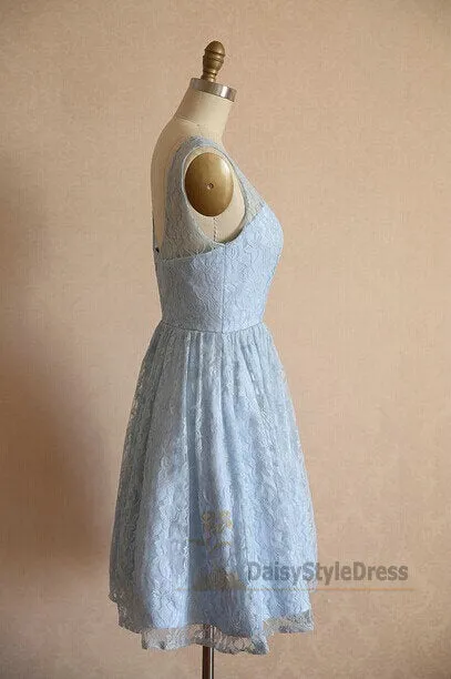 Knee Length Light Blue Vintage Lace Bridesmaid Dress
