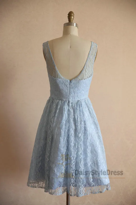 Knee Length Light Blue Vintage Lace Bridesmaid Dress