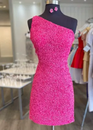 Knee Length One Shoulder Hot Pink Homecoming Dress