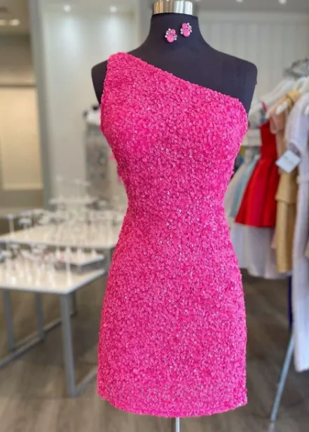 Knee Length One Shoulder Hot Pink Homecoming Dress
